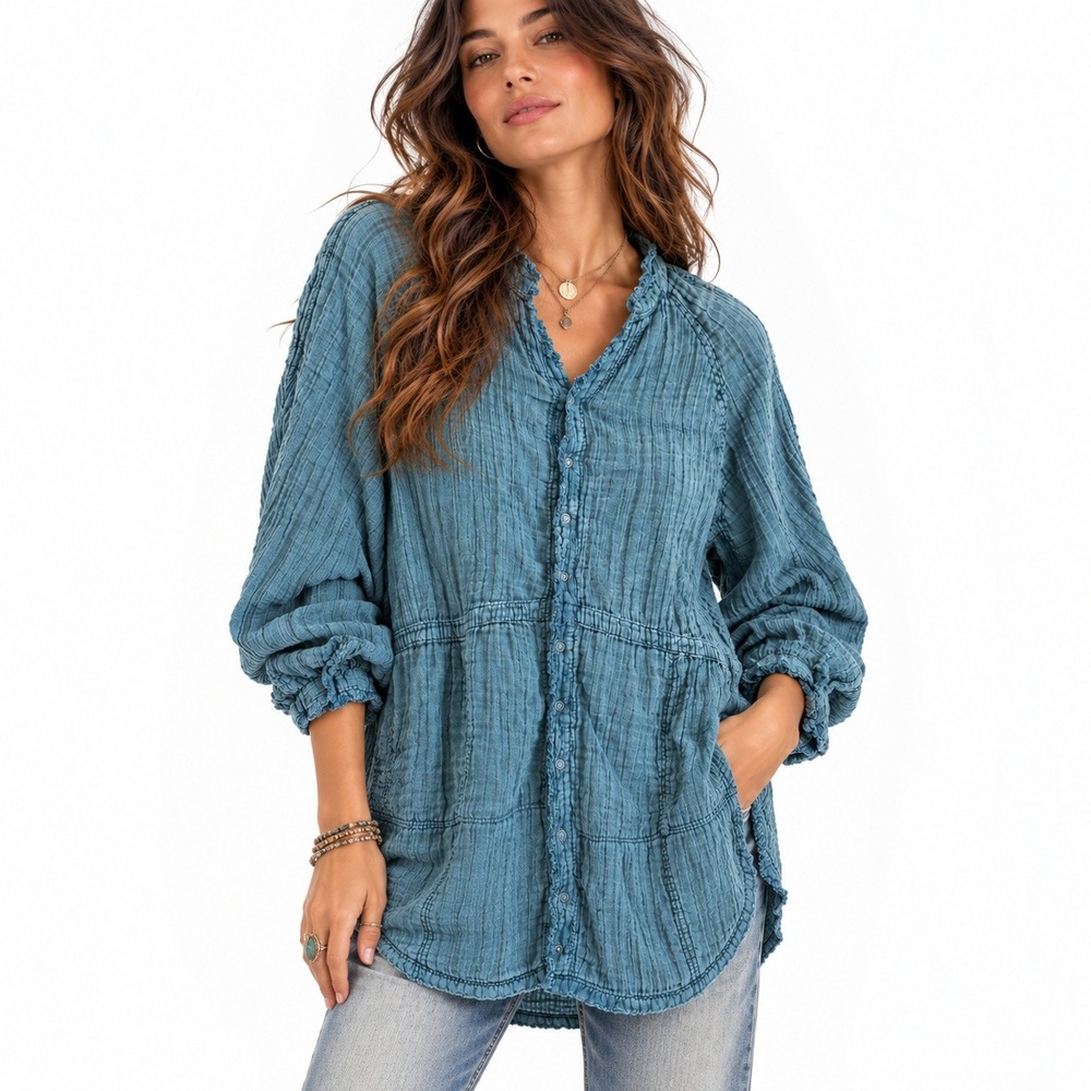 Natural Life Cotton Gauze Button Down Tunic Top XL Patch Pockets Boho Crinkle